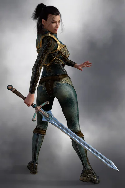 Fantasy assassin warrior female wearing armor and carrying a sword — Stock Photo, Image