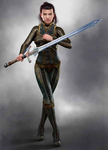 Hermosa morena asesina guerrera sosteniendo una espada CGI — Foto de Stock