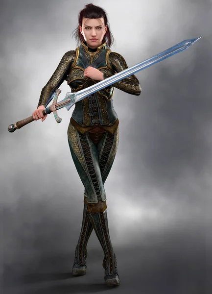 Güzel esmer kadın assassin savaşçı bir kılıç CGI holding