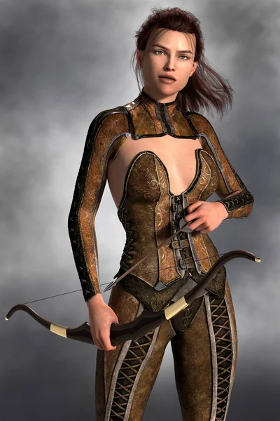 Beautiful female hunter or warrior holding a bow and arrow — Stock Photo, Image