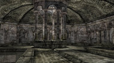 İçi açık merkezi bir su kuyusu olan antik bir taş binanın arka plan 3D görüntüsü