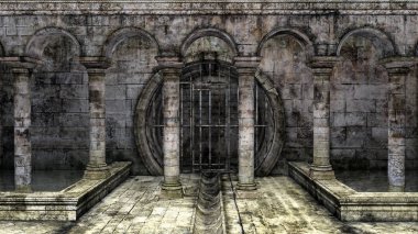 Sütunları, metal bir kapısı ve havuzları olan antik bir taş bina.