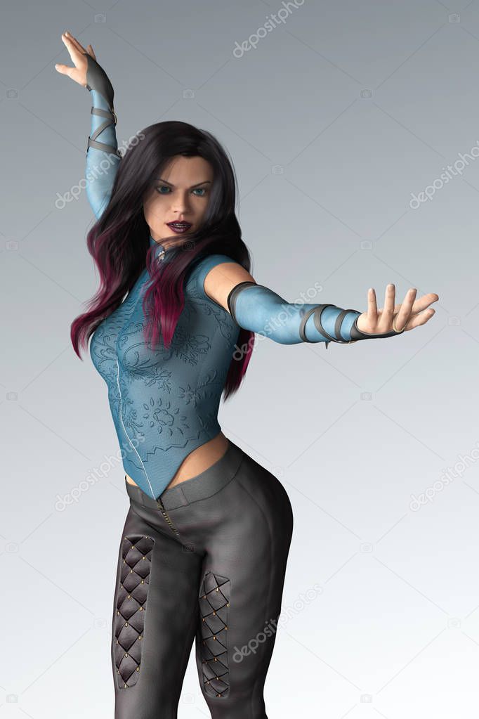 Close up CG Beautiful dark haired woman in a  Sorceress style magic pose 