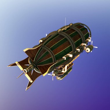 3D CG Steampunk hava gemisi uçarken yukarıdan izleniyor.