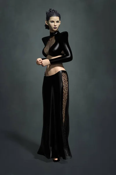 Full length rendering of a beautiful alien or fantasy woman in a sexy black futuristic outfit — Stock Photo, Image