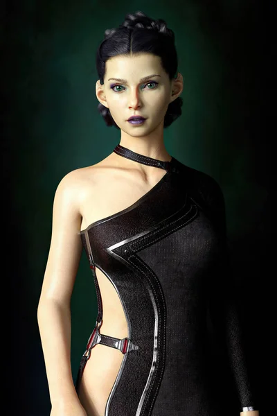 Portrait Render of a Beautiful Alien or Fantasy Woman in a Stylish Black Dress — Stock Photo, Image