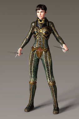 İki hançeri olan güzel bir ortaçağ savaşçısı kadın.