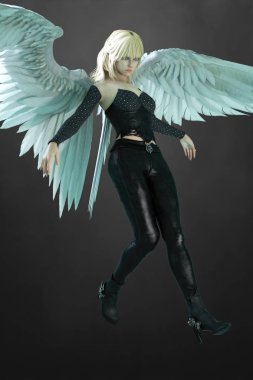 3D illustration of beautiful etherial woman in black leather with white wings clipart