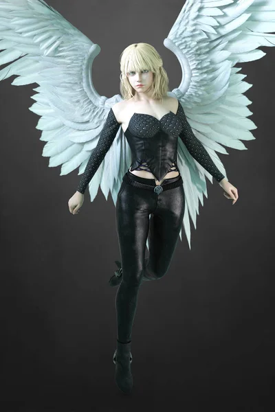 날아가는 아름다운 흰 날개를 가진 여자 천사를 묘사하는 장면 — 스톡 사진