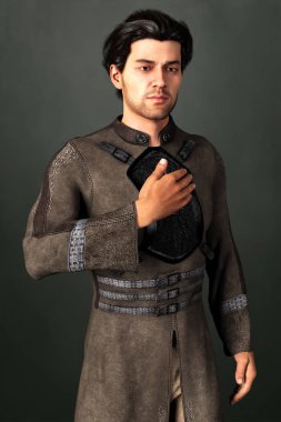 Orta Çağ 'dan kalma yakışıklı bir fantezi erkeğinin eli göğsünde üç boyutlu bir resmi.