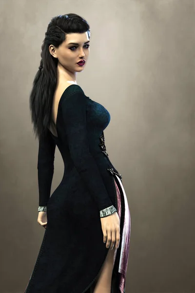 Rendering of beautiful fantasy woman in a flowing dark dress — Stock Photo, Image