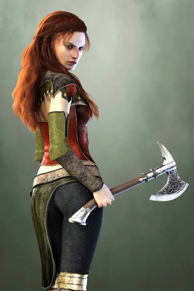 Vista lateral renderizado de una hermosa cazadora de fantasía medieval femenina o guerrera sosteniendo un hacha —  Fotos de Stock