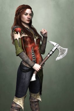 Elinde baltayla gezen güçlü bir kadın fantezi savaşçısının üç boyutlu dijital çizimi.