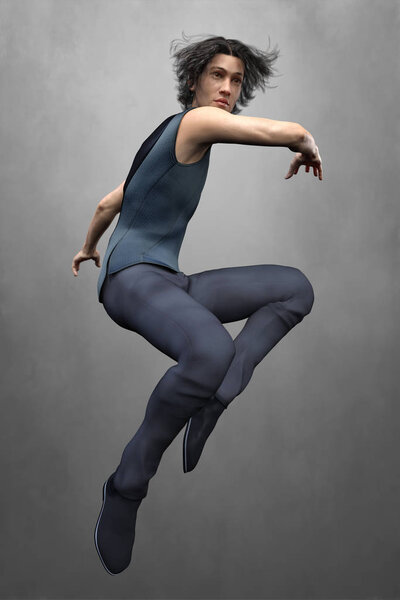 CG handsome urban fantasy man leaping into the air