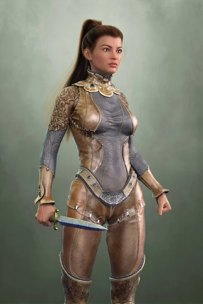 Rendering  of a beautiful woman warrior in leather fantasy style leather clothing — Stock Photo, Image