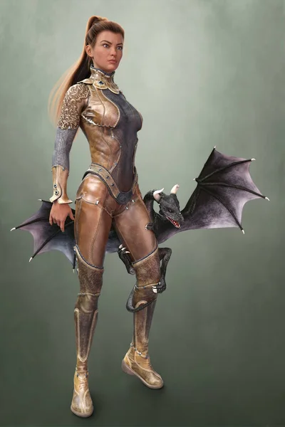 Beautiful CG fantasy woman in leather with a dragon hatchling