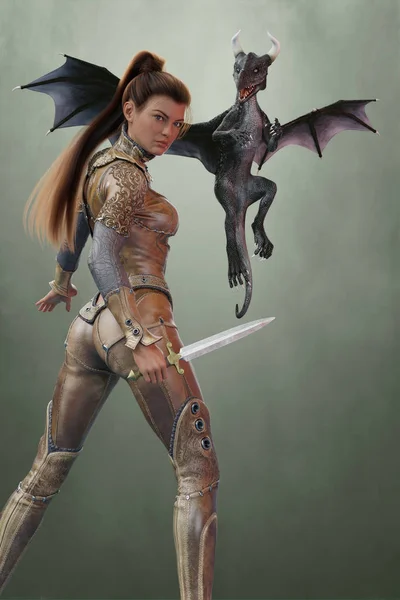 CG fantasy woman dragon keeper with her young hatchling dragon