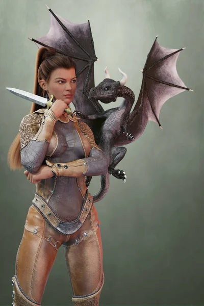 Beautiful woman dragon keeper with a young dragon at her shoulder