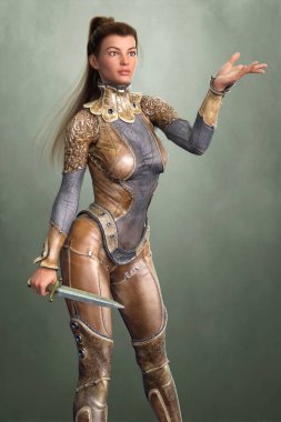 Bir eli uzanmış güzel bir fantezi savaşçısı kadının görüntüsü.