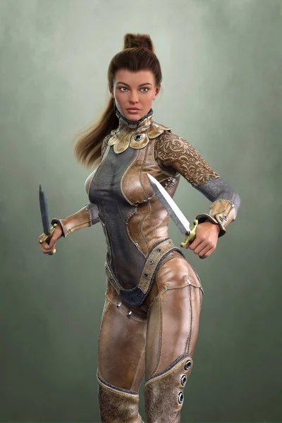 Cg όμορφη γυναίκα πολεμιστής φαντασίας κρατώντας δύο μαχαίρια — Φωτογραφία Αρχείου