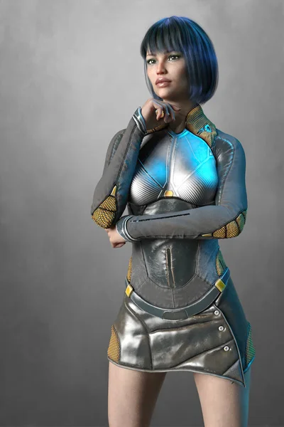 Beautiful CG woman wearing a sci-fi or cyberpunk uniform — Stock Photo, Image