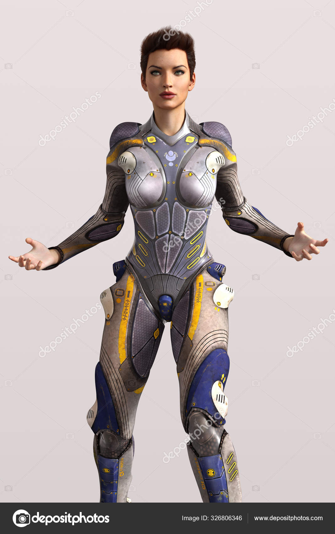 CG science fiction warrior woman wearing futuristic armour Stock