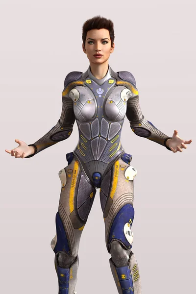 CG science fiction warrior woman wearing futuristic armour — Stockfoto