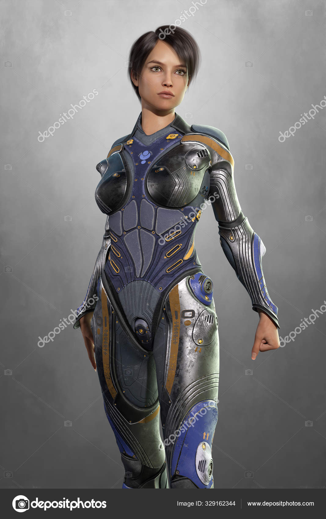 3D futuristic woman in science fiction armor Stock Photo by