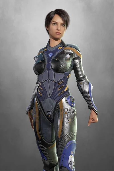 Mulher futurista 3D em armadura de ficção científica — Fotografia de Stock