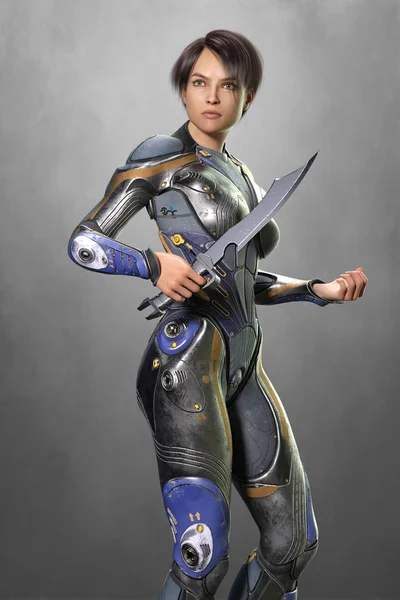 Rendering of a beautiful woman in science fiction costume holding a sword — Stock Photo, Image