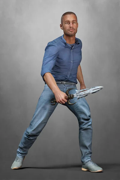 Rendu d'un bel homme sérieux tenant une dague ou une épée dans une pose d'action de style fantaisie urbaine . — Photo
