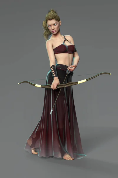 CG beautiful female archer warrior holding a bow and arrow — Stock Photo, Image