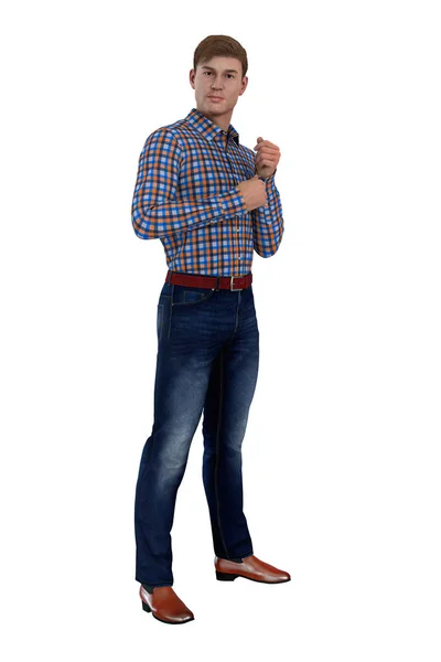 Rendering van een man staande en kijkend naar de camera als hij zijn shirt manchet aanpast — Stockfoto