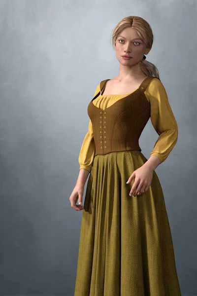 Rendering vacker fantasi kvinna karaktär i medeltida stil klänning — Stockfoto