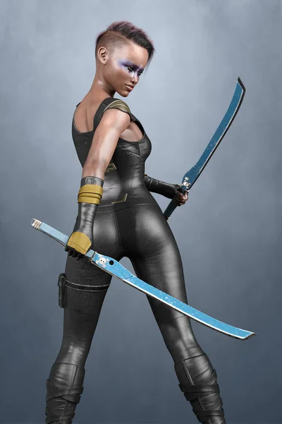 Rendering of a beautiful fantasy woman character holding two swords — Stock Photo, Image