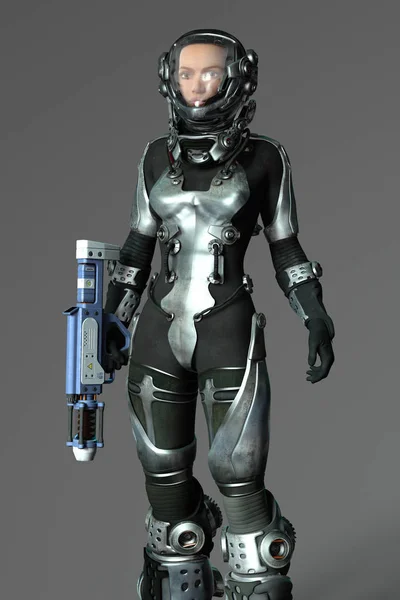 Rendering av en futuristisk kvinna rymdkrigare med ett cybervapen — Stockfoto