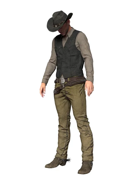 Render medelålders cowboy karaktär tittar ner, isolerad — Stockfoto