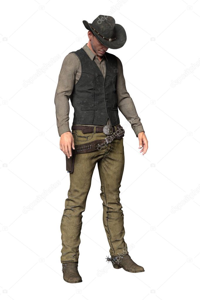Render middle-aged cowboy with head down, isolated on a white background