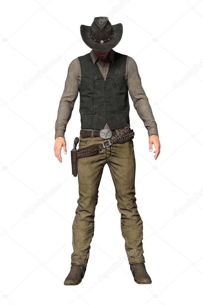 CG mature cowboy with head down, isolated on a white background