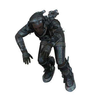 Uzay pozisyonunda yüzen fütüristik kâşif kıyafeti içindeki CG uzay adamı.