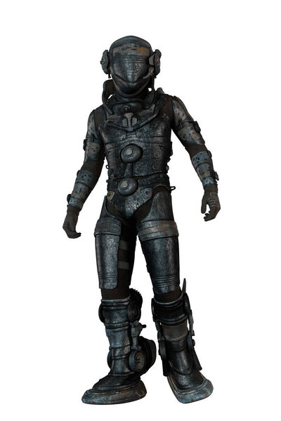 Full figure render of a futuristic male space explorer, face obscured, isolated