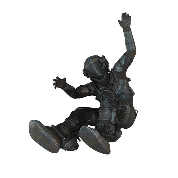 Full figure render of a futuristic astronaut with face obscured 