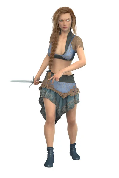 CG beautiful fantasy woman holding a dagger in an action pose — Stock Photo, Image