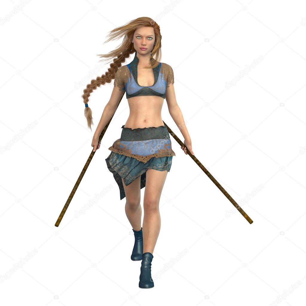 CG beautiful young fantasy female warrior holding two staff weapons