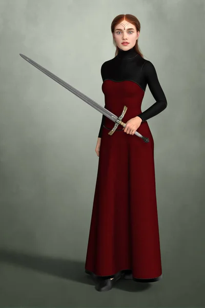 Rendering of a beautify medieval fantasy princess or queen holding a sword — Stock Photo, Image