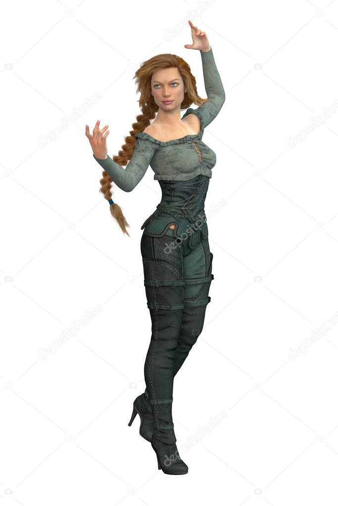 CG beautiful female huntress standing in a magical pose, isolated