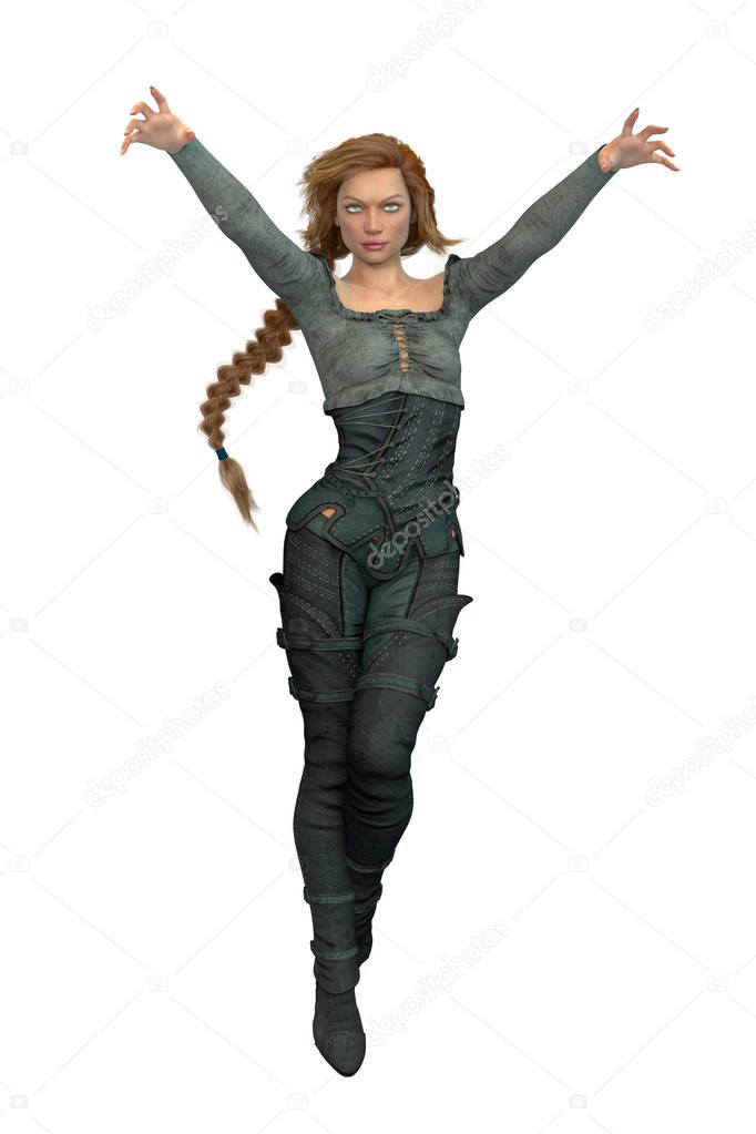 CG female fantasy style huntress witch character with hands raised