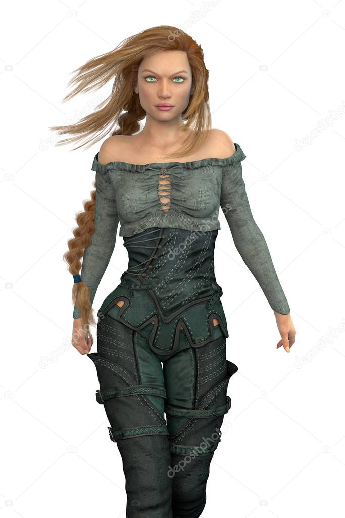 Rendering of strong assertive beautiful fantasy woman looking at the camera