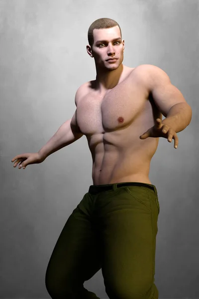 CG Handsome shirtless man in fighting or defensive action pose — Stock Photo, Image