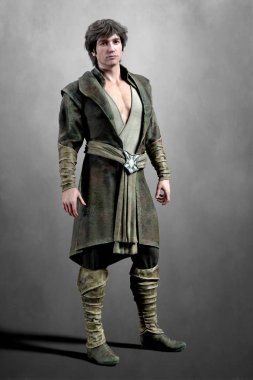 3D yakışıklı adam ortaçağ tarzı kostüm giyiyor.